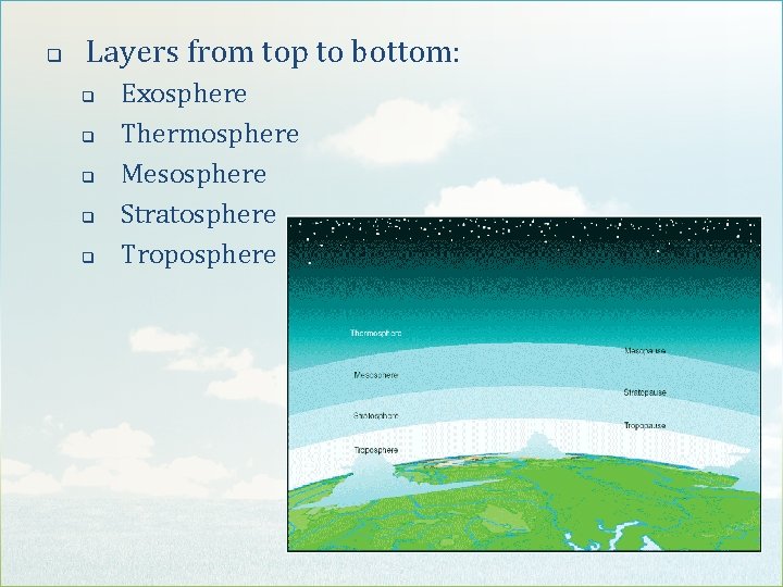 q Layers from top to bottom: q q q Exosphere Thermosphere Mesosphere Stratosphere Troposphere