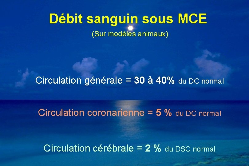 Débit sanguin sous MCE (Sur modèles animaux) Circulation générale = 30 à 40% du