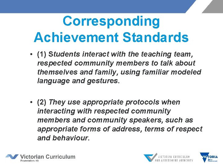 Corresponding Achievement Standards • (1) Students interact with the teaching team, respected community members