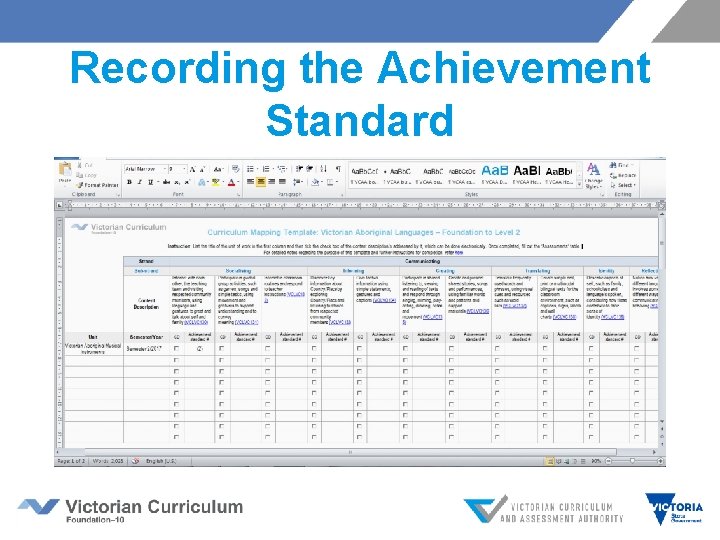 Recording the Achievement Standard 