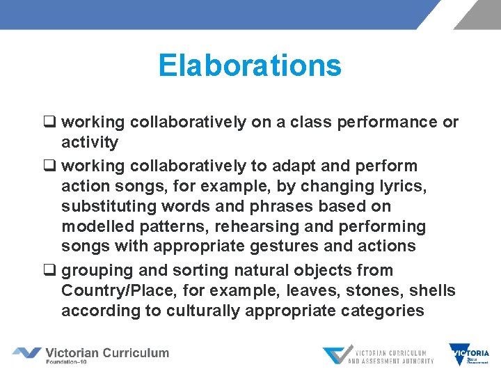 Elaborations q working collaboratively on a class performance or activity q working collaboratively to