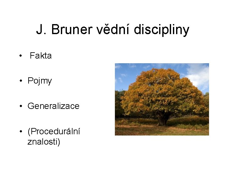 J. Bruner vědní discipliny • Fakta • Pojmy • Generalizace • (Procedurální znalosti) J. Bruner vědní discipliny • Fakta • Pojmy • Generalizace • (Procedurální znalosti)