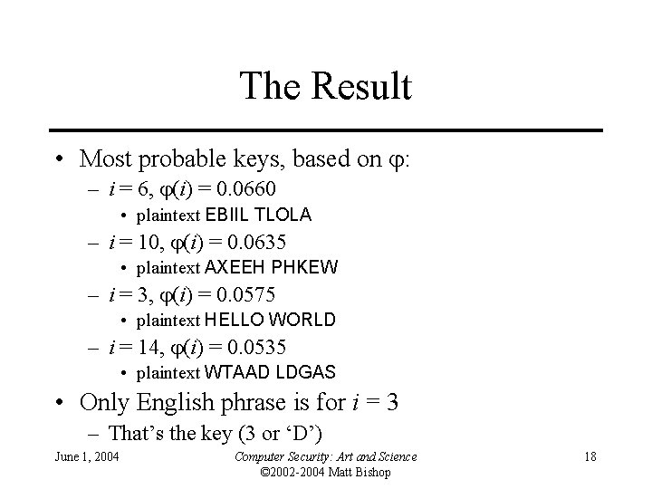 The Result • Most probable keys, based on : – i = 6, (i)