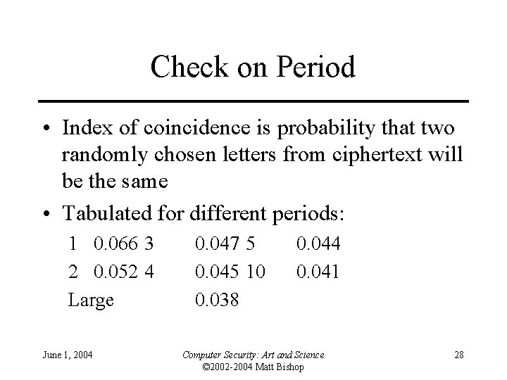 Check on Period • Index of coincidence is probability that two randomly chosen letters
