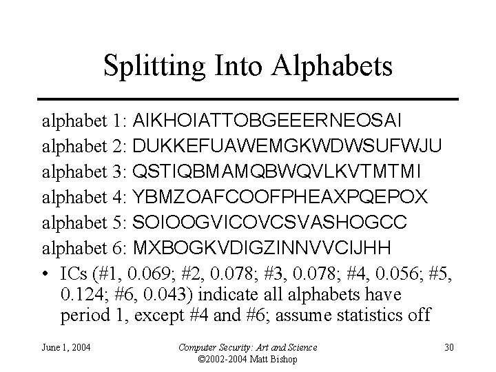 Splitting Into Alphabets alphabet 1: AIKHOIATTOBGEEERNEOSAI alphabet 2: DUKKEFUAWEMGKWDWSUFWJU alphabet 3: QSTIQBMAMQBWQVLKVTMTMI alphabet 4: