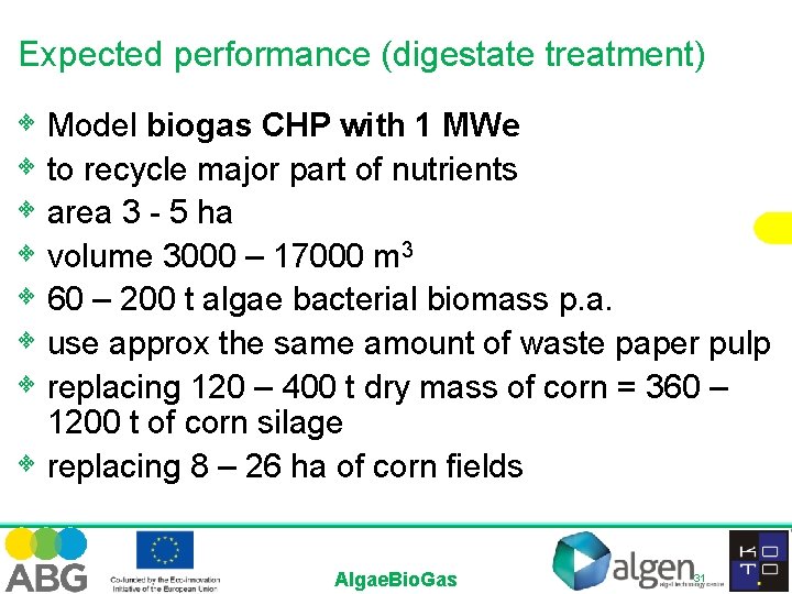 Expected performance (digestate treatment) • Model biogas CHP with 1 MWe • to recycle