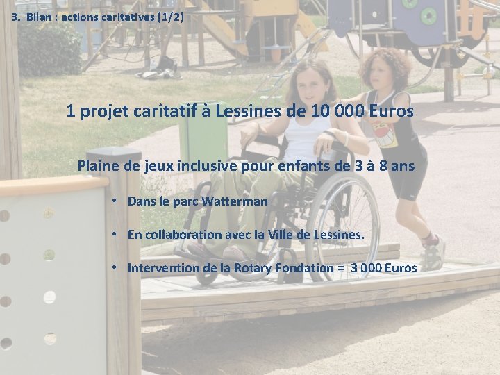 3. Bilan : actions caritatives (1/2) 1 projet caritatif à Lessines de 10 000