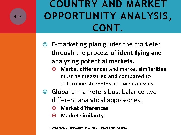 4 -14 COUNTRY AND MARKET OPPORTUNITY ANALYSIS, CONT. E-marketing plan guides the marketer through