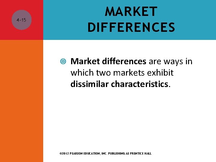 MARKET DIFFERENCES 4 -15 Market differences are ways in which two markets exhibit dissimilar