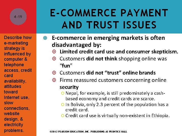 E-COMMERCE PAYMENT AND TRUST ISSUES 4 -19 Describe how e-marketing strategy is influenced by