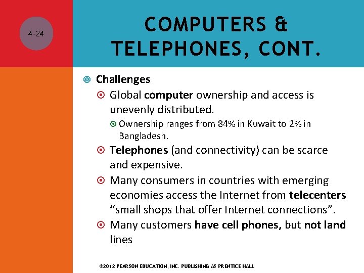 COMPUTERS & TELEPHONES, CONT. 4 -24 Challenges Global computer ownership and access is unevenly