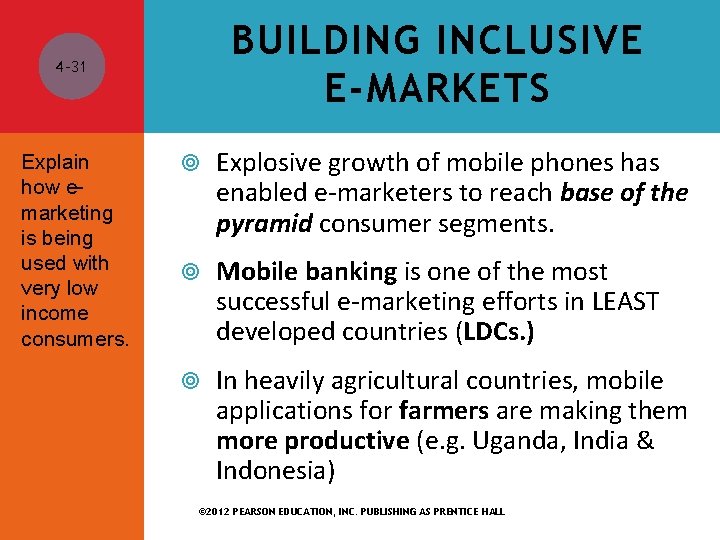 BUILDING INCLUSIVE E-MARKETS 4 -31 Explain how emarketing is being used with very low