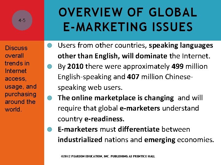 OVERVIEW OF GLOBAL E-MARKETING ISSUES 4 -5 Discuss overall trends in Internet access, usage,