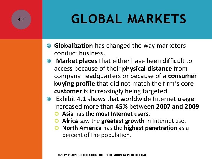 GLOBAL MARKETS 4 -7 Globalization has changed the way marketers conduct business. Market places