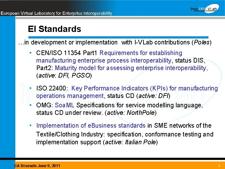EI Standards …in development or implementation with I-VLab contributions (Poles) • CEN/ISO 11354 Part
