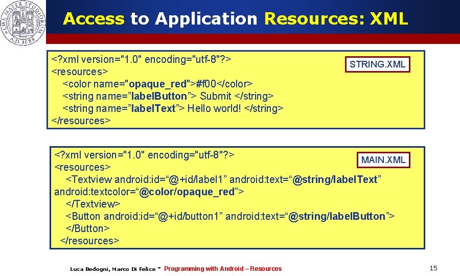 Access to Application Resources: XML <? xml version="1. 0" encoding="utf-8"? > <resources> <color name="opaque_red">#f