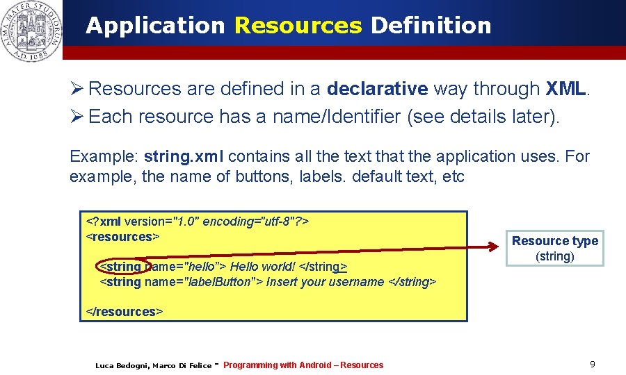 Application Resources Definition Ø Resources are defined in a declarative way through XML. Ø