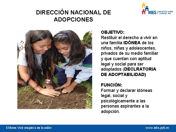 DIRECCIÓN NACIONAL DE ADOPCIONES OBJETIVO: Restituir el derecho a vivir en una familia IDÓNEA