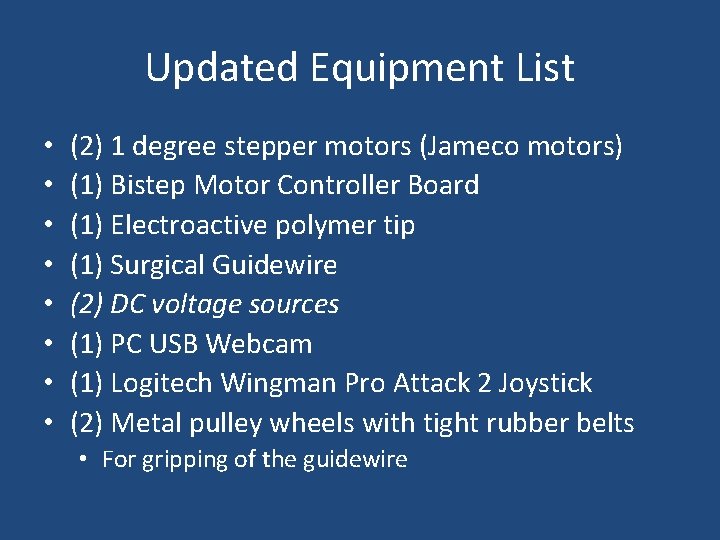 Updated Equipment List • • (2) 1 degree stepper motors (Jameco motors) (1) Bistep