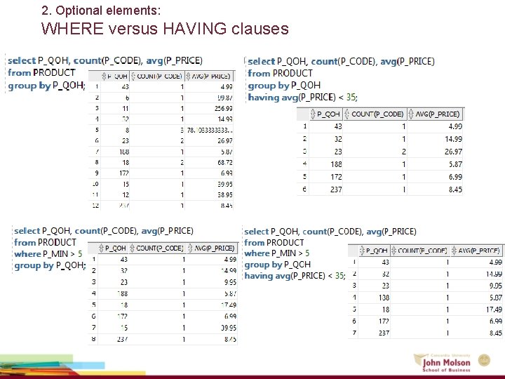 2. Optional elements: WHERE versus HAVING clauses 