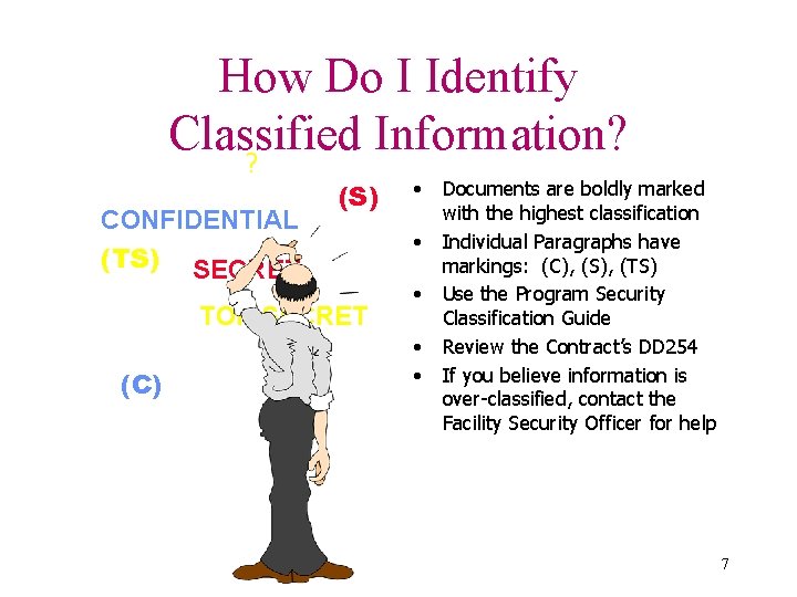 How Do I Identify Classified Information? ? CONFIDENTIAL (TS) SECRET (S) TOP SECRET (C)