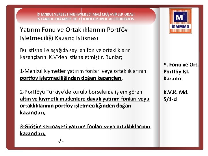 İSTANBUL SERBEST MUHASEBECİ MALİ MÜŞAVİRLER ODASI İSTANBUL CHAMBER OF CERTIFIED PUBLIC ACCOUNTANTS Yatırım Fonu