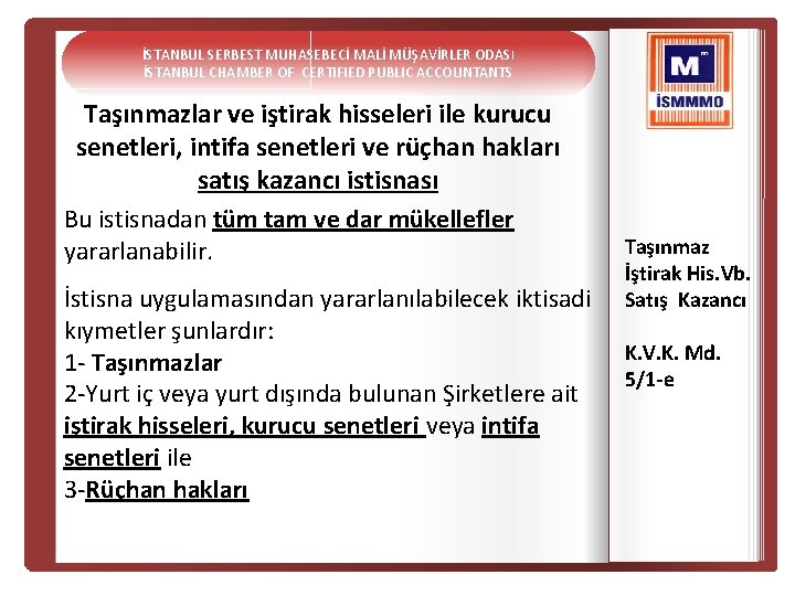 İSTANBUL SERBEST MUHASEBECİ MALİ MÜŞAVİRLER ODASI İSTANBUL CHAMBER OF CERTIFIED PUBLIC ACCOUNTANTS Taşınmazlar ve