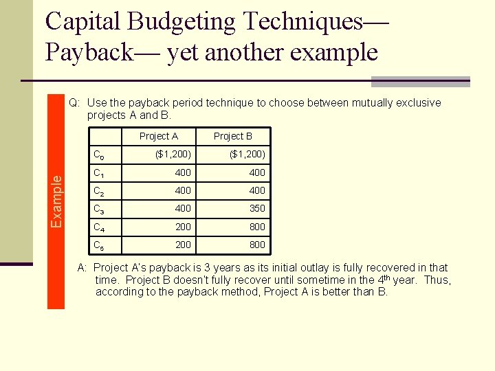 Capital Budgeting Techniques— Payback— yet another example Q: Use the payback period technique to