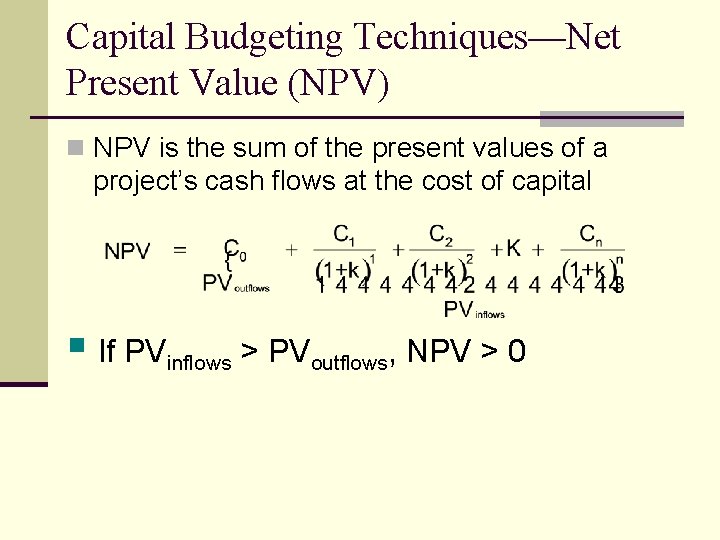 Capital Budgeting Techniques—Net Present Value (NPV) n NPV is the sum of the present