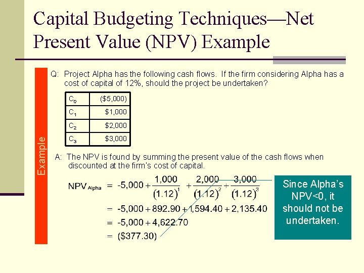 Capital Budgeting Techniques—Net Present Value (NPV) Example Q: Project Alpha has the following cash