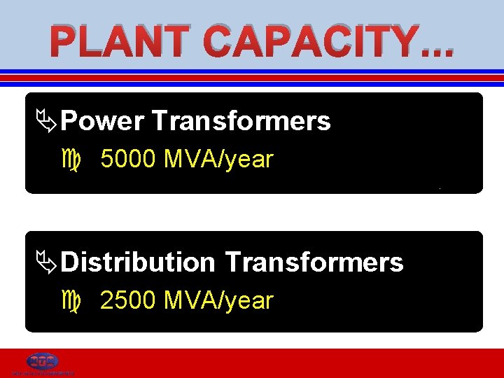 PLANT CAPACITY. . . ÄPower Transformers 5000 MVA/year ÄDistribution Transformers 2500 MVA/year 
