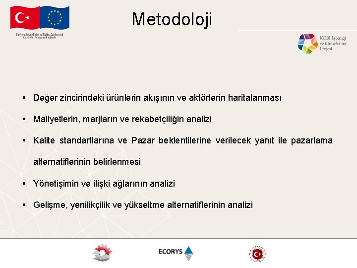 Metodoloji § Değer zincirindeki ürünlerin akışının ve aktörlerin haritalanması § Maliyetlerin, marjların ve rekabetçiliğin