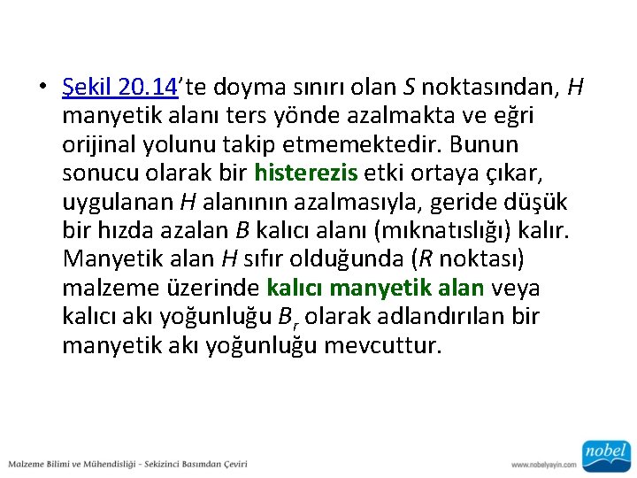  • Şekil 20. 14’te doyma sınırı olan S noktasından, H manyetik alanı ters