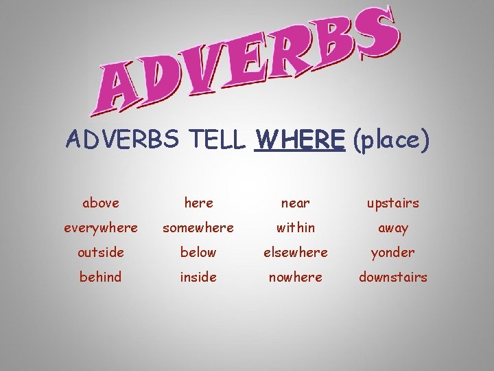 ADVERBS TELL WHERE (place) above here near upstairs everywhere somewhere within away outside below