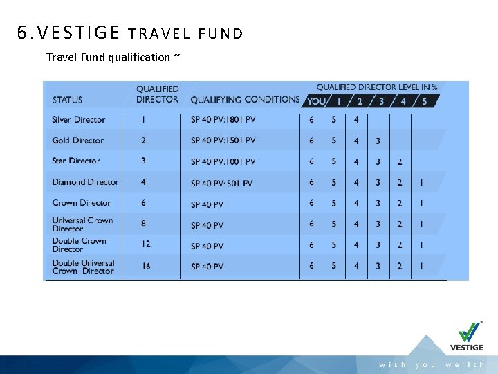 6. VESTIGE TRAVEL FUND Travel Fund qualification ~ 