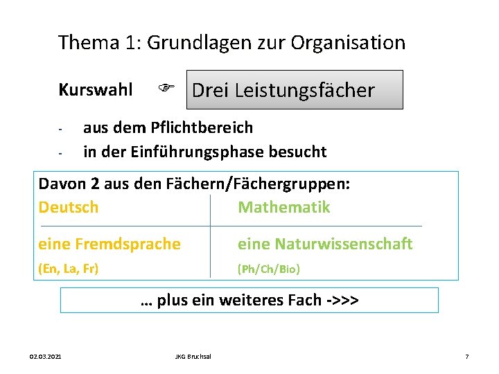 Thema 1: Grundlagen zur Organisation Kurswahl - Drei Leistungsfächer aus dem Pflichtbereich in der