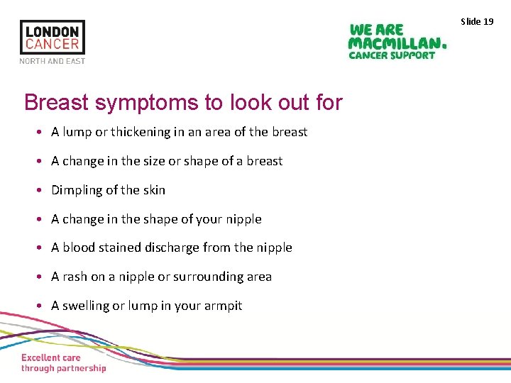 Slide 19 Breast symptoms to look out for • A lump or thickening in