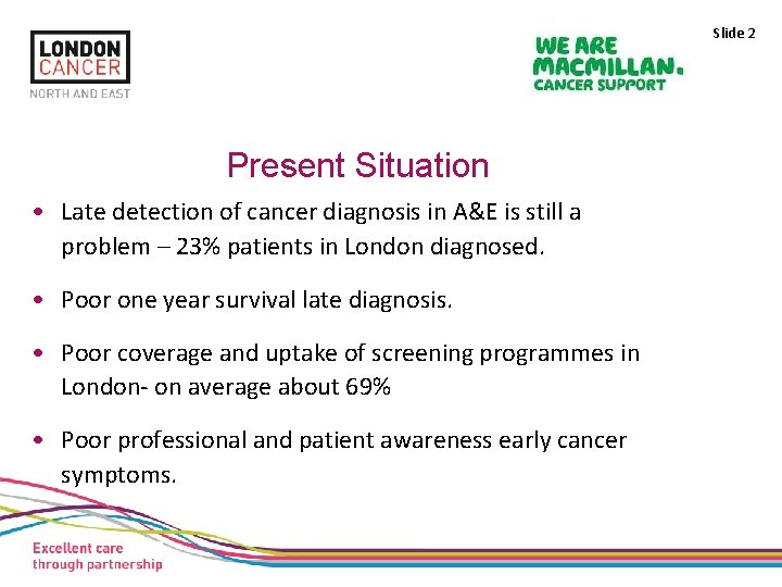 Slide 2 Present Situation • Late detection of cancer diagnosis in A&E is still