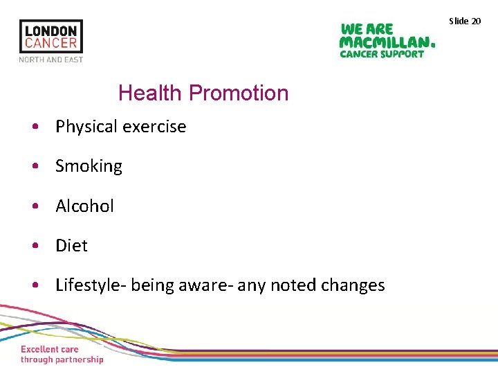 Slide 20 Health Promotion • Physical exercise • Smoking • Alcohol • Diet •
