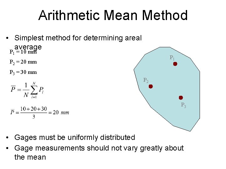 Arithmetic Mean Method • Simplest method for determining areal average P 1 = 10