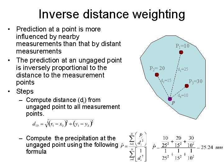 Inverse distance weighting • Prediction at a point is more influenced by nearby measurements