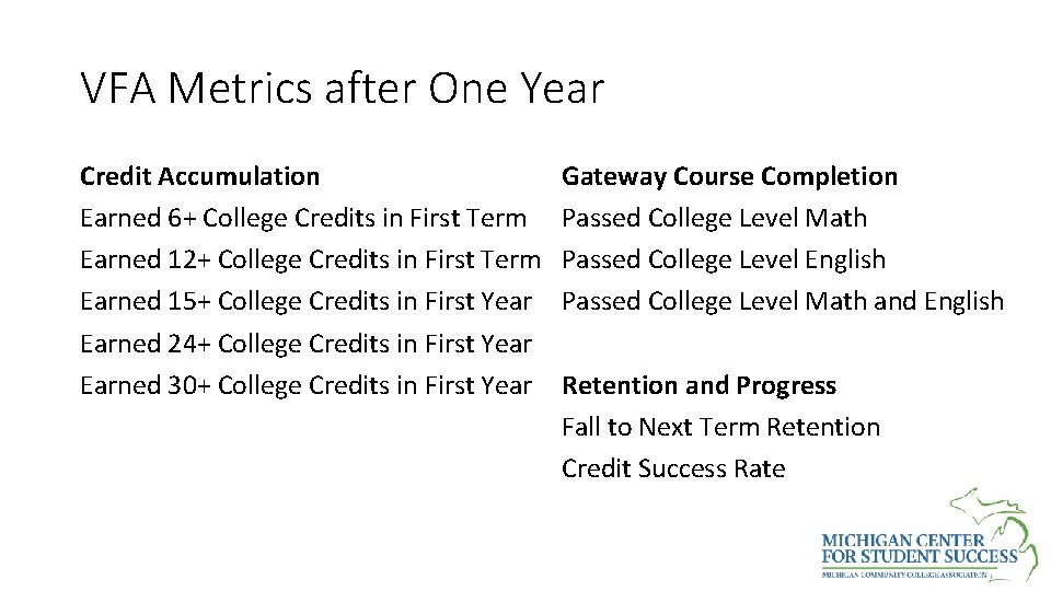 VFA Metrics after One Year Credit Accumulation Earned 6+ College Credits in First Term