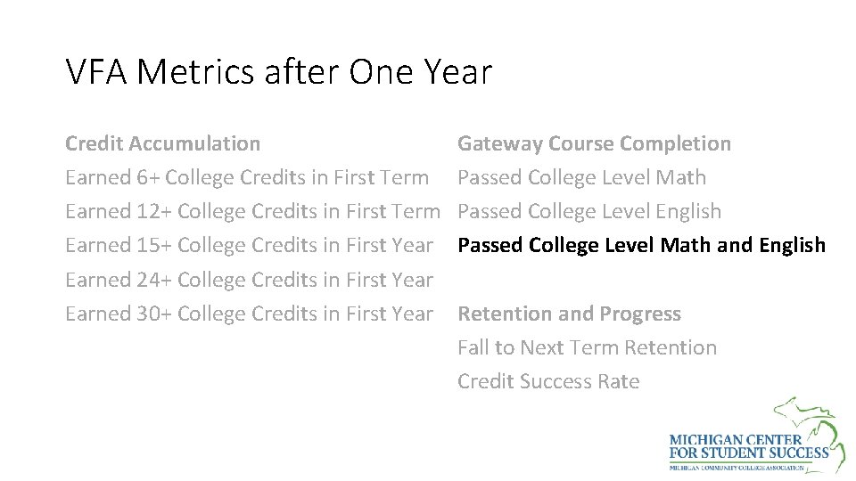 VFA Metrics after One Year Credit Accumulation Earned 6+ College Credits in First Term