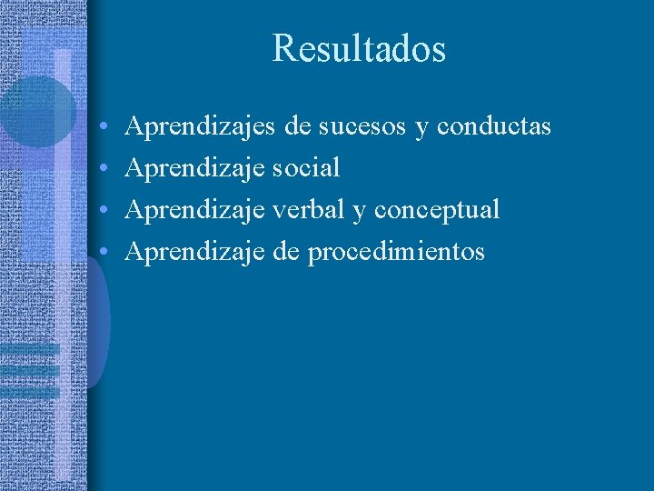 Resultados • • Aprendizajes de sucesos y conductas Aprendizaje social Aprendizaje verbal y conceptual