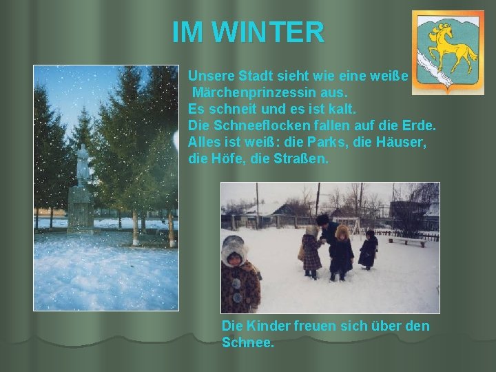 IM WINTER Unsere Stadt sieht wie eine weiße Märchenprinzessin aus. Es schneit und es