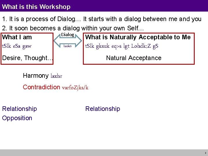 What is this Workshop 1. It is a process of Dialog… It starts with