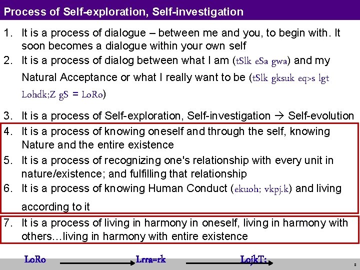 Process of Self-exploration, Self-investigation 1. It is a process of dialogue – between me
