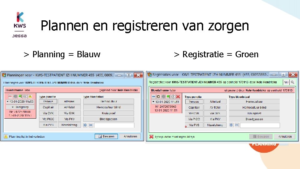 Plannen en registreren van zorgen > Planning = Blauw > Registratie = Groen 