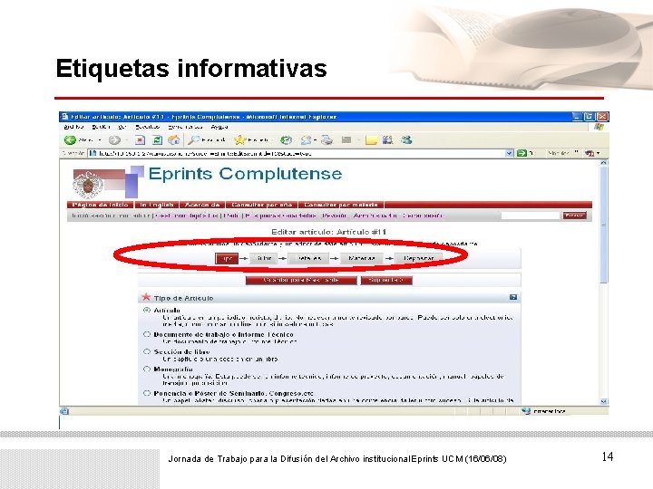 Etiquetas informativas Jornada de Trabajo para la Difusión del Archivo institucional Eprints UCM (16/06/08)
