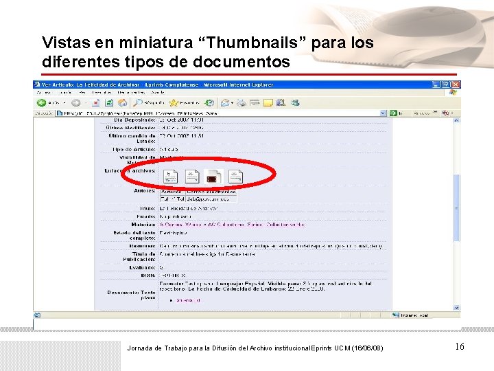 Vistas en miniatura “Thumbnails” para los diferentes tipos de documentos Jornada de Trabajo para